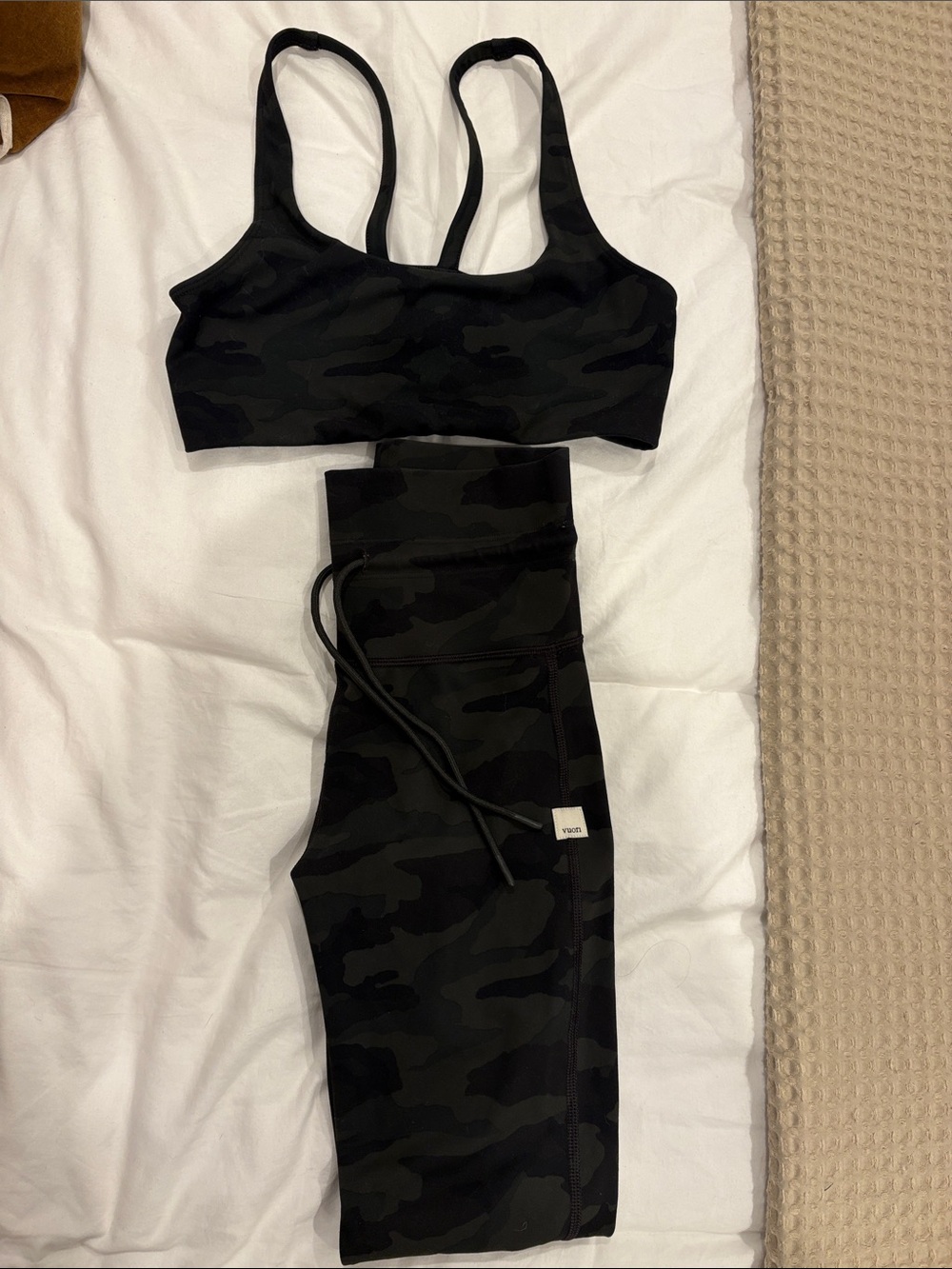 Vuori Black Camo High-Rise Leggings with Matching Sports Bra